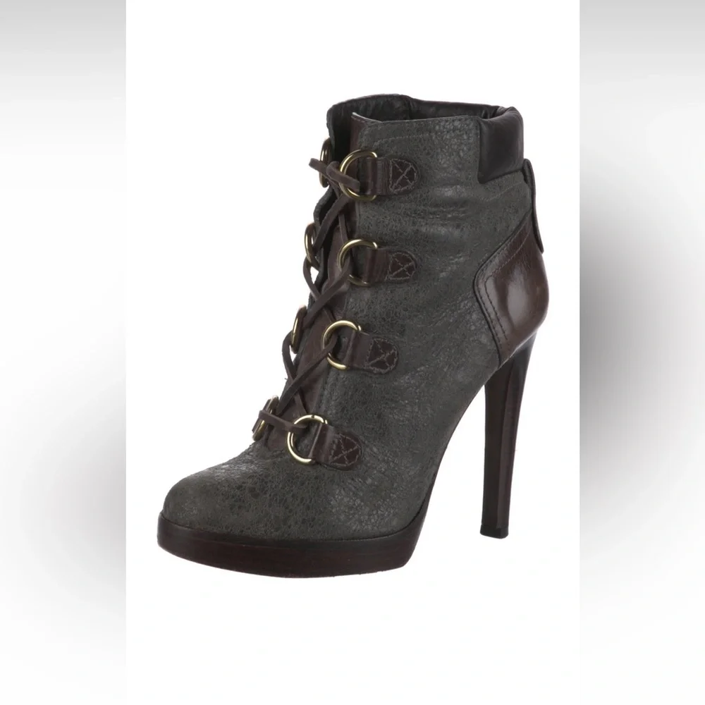 Tory Burch Gray and Brown Heeled Boots with Buckle Straps